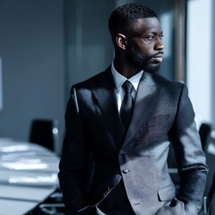 Thoughtful African American Businessman in a Modern Office. A portrait of a successful man in a suit, contemplating his next move.