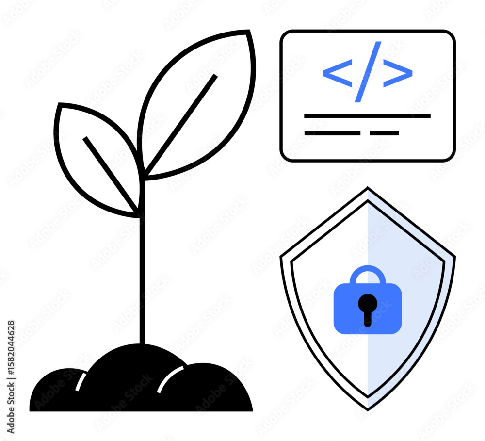 Poster plant growing from soil beside coding symbol and security shield with lock icon. ideal for tech inno