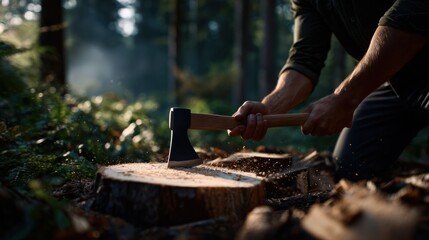 A man energetically chops wood with a large axe in a serene forest setting surrounded by tall trees and dappled sunlight creating a rustic atmosphere