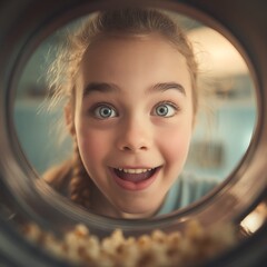 Close Up of a Girl's Excited Face Peering Through a Round Opening, Popcorn in Focus Below.