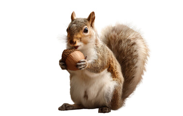 Obraz premium Cute Squirrel Holding an Acorn with Both Paws, Front Sitting Pose, Isolated on Transparent Background