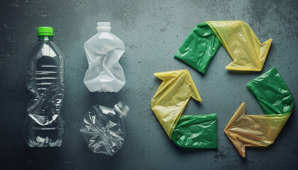 Plastic Waste and Recycling Symbol Concept with Crushed Bottles and Eco Friendly Arrow Arrows on Dark Background