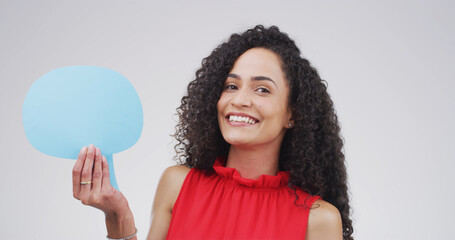 Portrait, speech bubble and woman in studio, smile and announcement on white background. Person,...