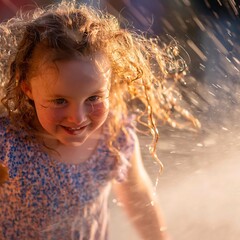 Joyful Little Girl Playing in a Summer Sprinkler, Close Up Portrait.