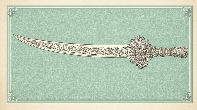 Ornate silver blade on mint green background - Powered by Adobe
