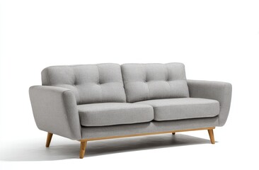 Fototapeta premium Light grey fabric sofa with button tufting, rounded arms, and light wood legs, shown against a white background