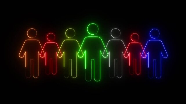 Neon Silhouettes of Diverse People Holding Hands in a Colorful Gradient, Representing Unity, Friendship, and Inclusion Against a Dark Background
