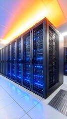 Rows of server racks in a modern data center lit by blue and orange lights