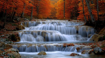 Cascading waterfall through autumn forest