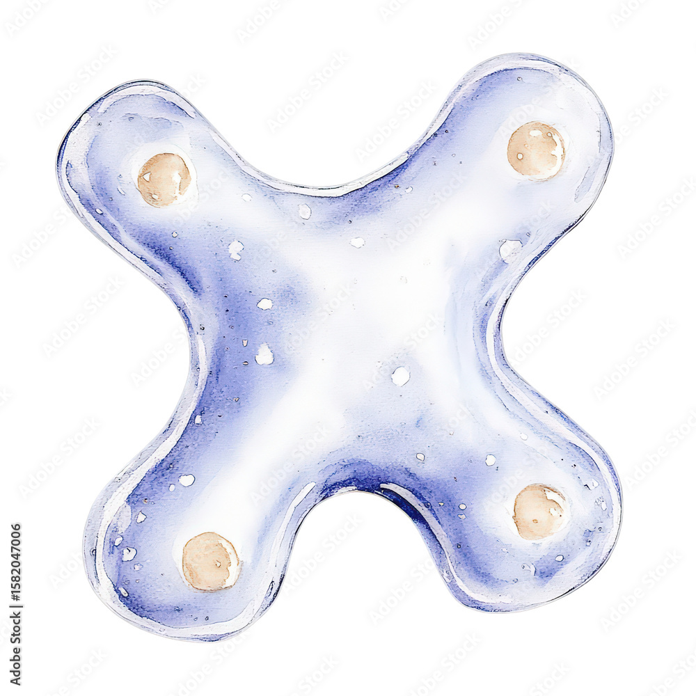 Poster transparent plastic x-shaped object with rounded edges and four beige buttons on a plain white backg