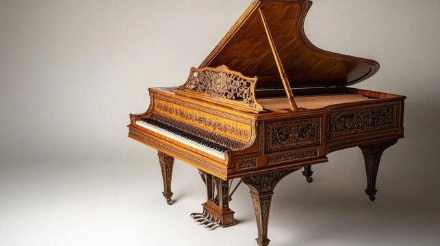 A harpsichord with detailed woodwork, space for text on the right side, set against a white backdrop