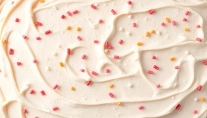 Close-up image of cake frosting with colorful sprinkles, top view