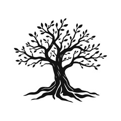 Stylized tree silhouette with curved trunk and leaves, nature emblem for eco design, or logo concept, tree vector silhouette, nature symbol, eco logo, forest emblem