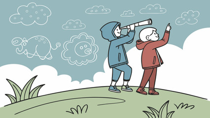 Friends Building Cloud Sculptures Together – Playful Creation Silhouette