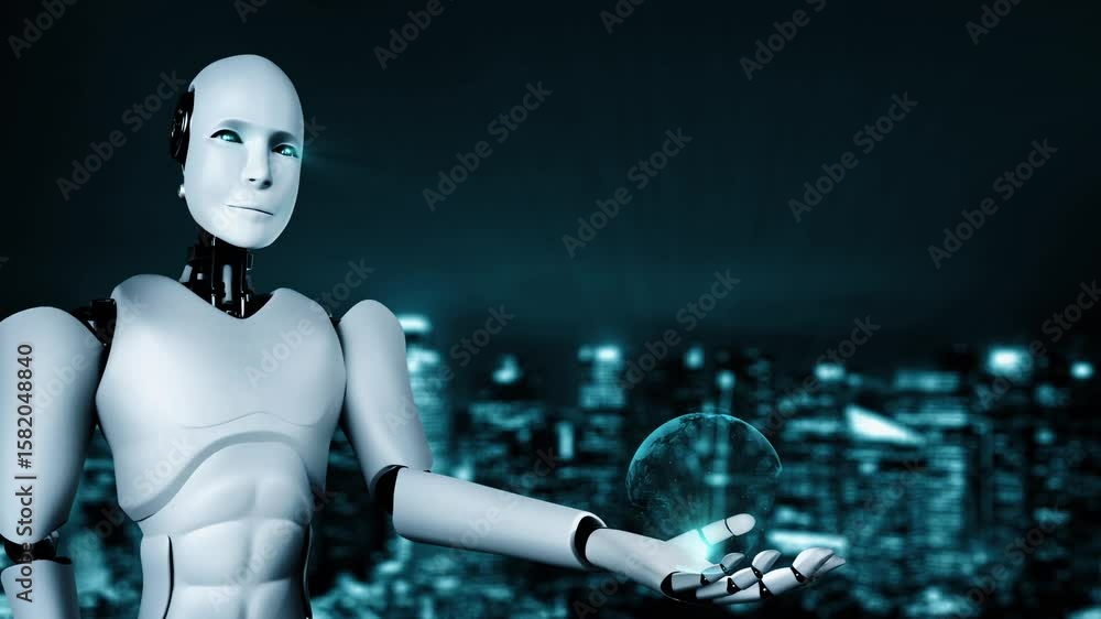 Poster ai robot huminoid uses cloud computing technology to store data on online server . futuristic concep