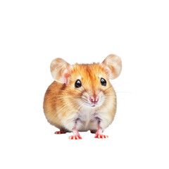Close-up of a cute fluffy hamster with golden fur big dark eyes small ears on a white background