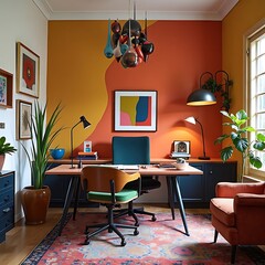 Stylish Home Office Interior with Colorful Accents and Comfortable Seating
