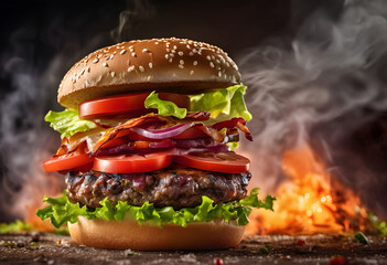 Hamburger on fire black background.
