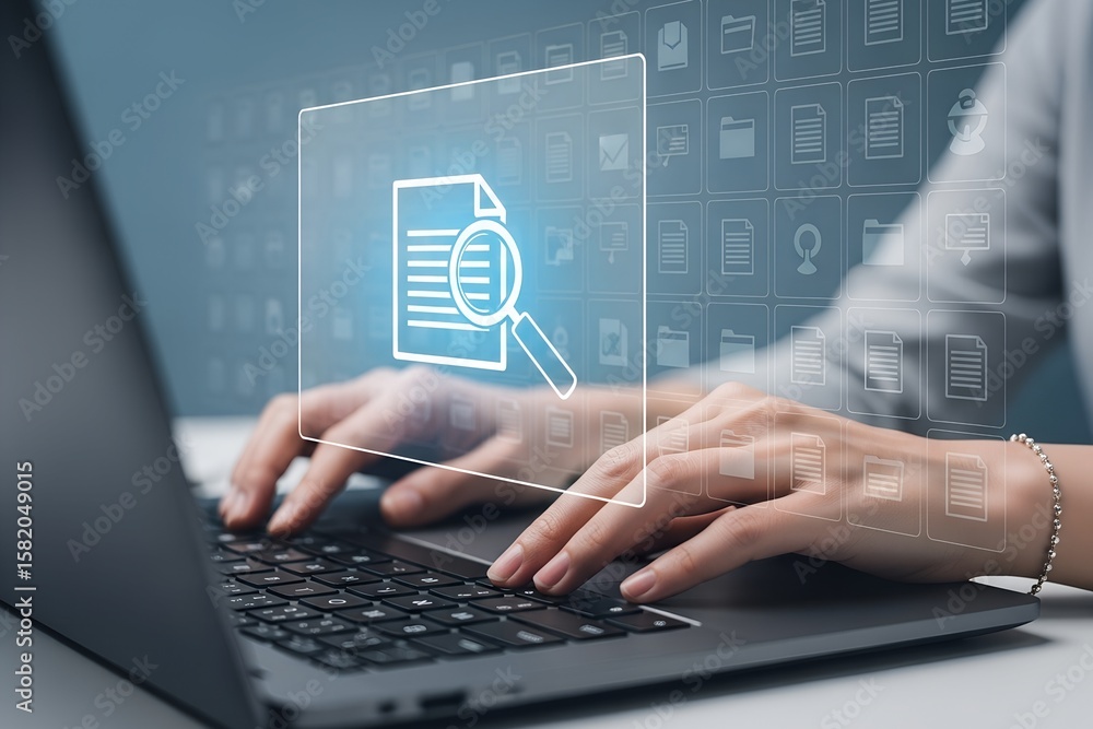 Poster a person using a laptop with document search icon symbolizing research and data analysis online.