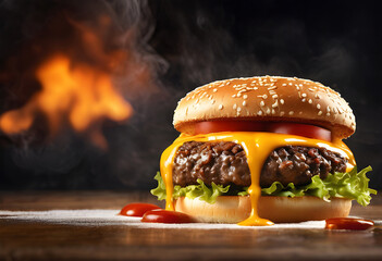 Hamburger on fire black background.