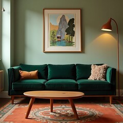 Cozy Living Room Interior with Green Sofa and Mountain Landscape Art
