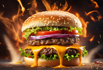 Hamburger on fire black background.
