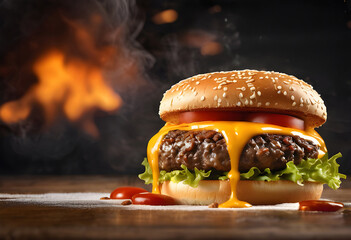 Hamburger on fire black background.