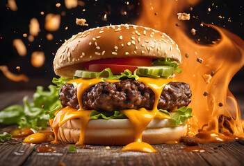 Hamburger on fire black background.