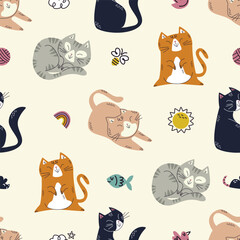A playful seamless vector pattern featuring various cute cats in different poses. Perfect for fabric prints, wallpapers, wrapping paper, and digital backgrounds. 