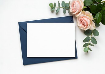 Blank white card resting on a navy blue envelope, adorned with delicate pink roses and eucalyptus leaves on a clean white background.