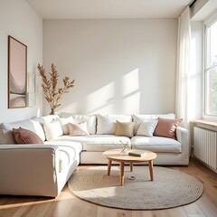 Cozy Living Room Interior with White Sofa and Round Rug