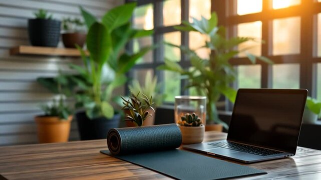 Dark grey yoga mat and rolled-up mat on wooden table next to laptop, indoor setting with plants and warm sunlight