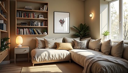 Cozy Living Room Interior with Bookshelf and Comfortable Sofa