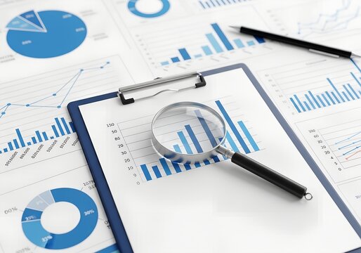 Business analysis with charts and a magnifying glass over a data and financial report - Powered by Adobe