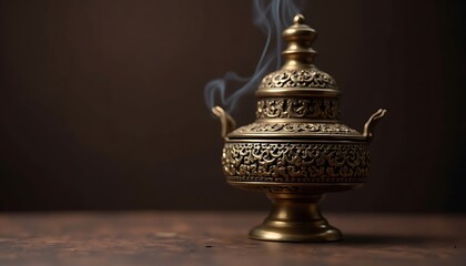 Ornate Golden Incense Burner with Rising Smoke on Wooden Surface