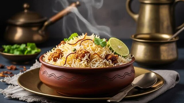 A flavorful bowl of steaming biryani, a traditional indian rice dish, is garnished with cilantro and lime on a decorative plate