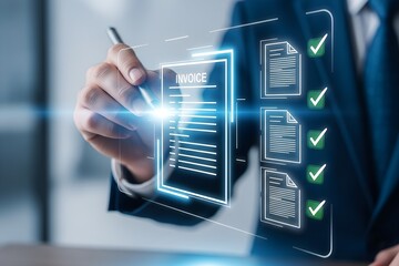 Businessman hand writing or editing invoice document concept with digital technology overlay