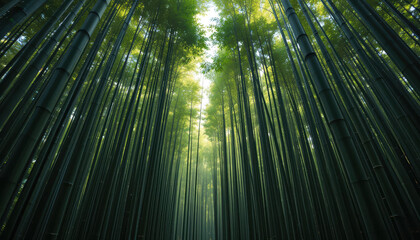 Fototapeta premium Tall Green Bamboo Forest with Sun Rays Filtering Through