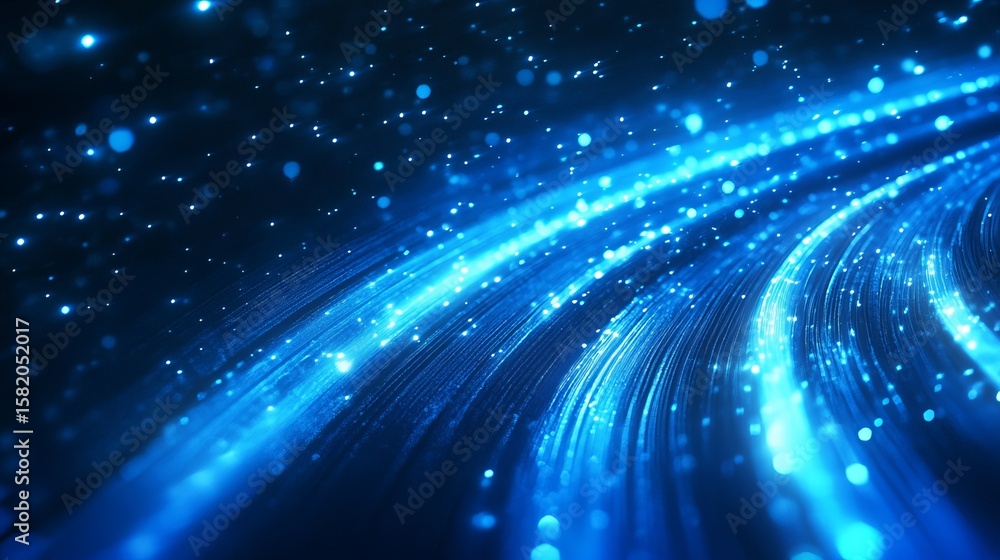 Poster abstract blue glowing lines forming a swirling, dynamic pattern on a dark background, with sparkling