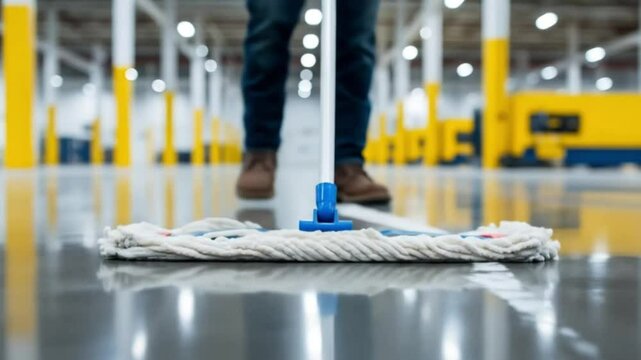 A janitor mops a shiny floor in a large facility, ensuring cleanliness and hygiene in the workplace