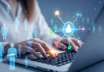 Businesswoman working on a laptop with a futuristic customer relationship management concept and icons overlaid.