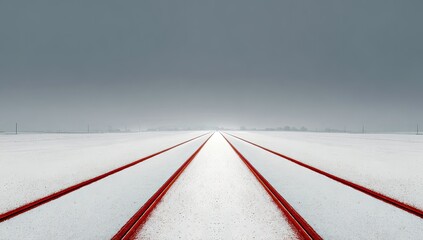 Snow-covered train tracks receding into a hazy, gray horizon; vibrant red rails contrast the white snow and muted sky