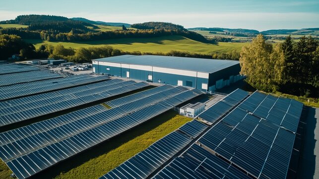 Aerial view of a large industrial building with extensive solar panel array, set against a backdrop of rolling hills and lush green fields - Powered by Adobe