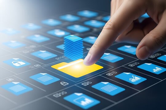 Finger interacting with digital files and folders to organize data on an electronic interface concept