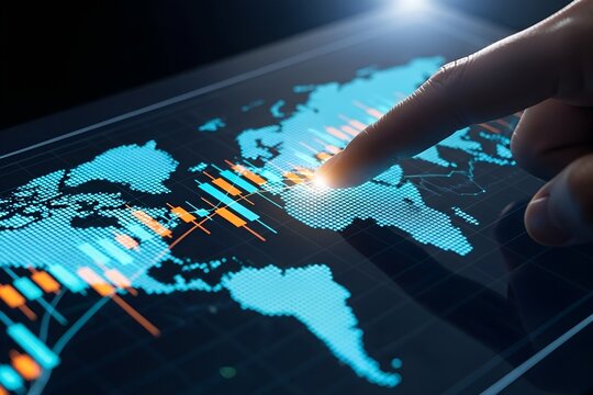 Finger touching a digital world map displaying financial data and global market analysis for strategic planning