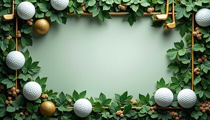 Festive Golf Frame with Balls and Green Leaves