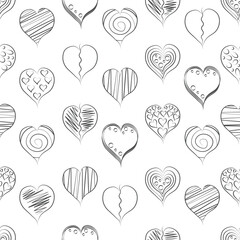 The heart pattern. Seamless pattern with the image of hearts in doodle style. An image for Valentine s Day. Heart pattern for print and gift wrapping. Vector illustration on a white background.