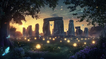 A tranquil fantasy scene at Stonehenge, surrounded by an enchanted forest, with ancient stones glowing softly as fairies and woodland creatures gather and illuminate with magical floating lights.