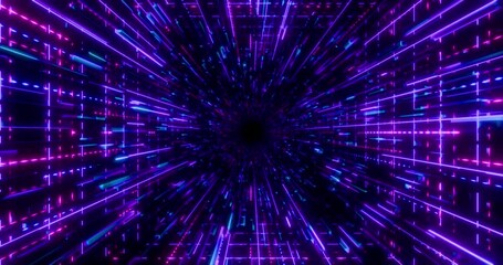 Futuristic glowing neon waving rays background. Shining geometric purple grid and lines inside corridor in perspective. Bright retro digital cyberspace. 4K 3D rendering loop animation. - Powered by Adobe