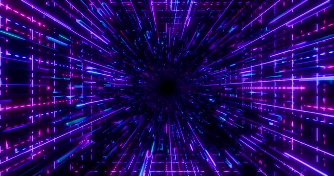 Futuristic glowing neon waving rays background. Shining geometric purple grid and lines inside corridor in perspective. Bright retro digital cyberspace. 4K 3D rendering loop animation.
